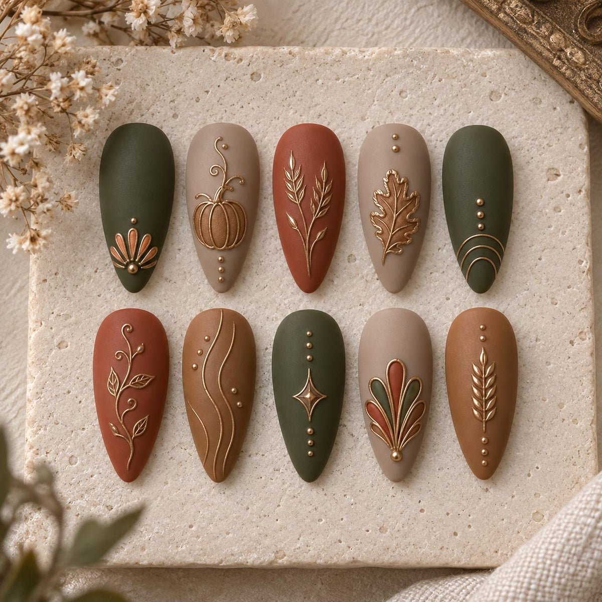 Matte Autumn Press On Nails With Gold Pumpkin and Botanical Line Art
