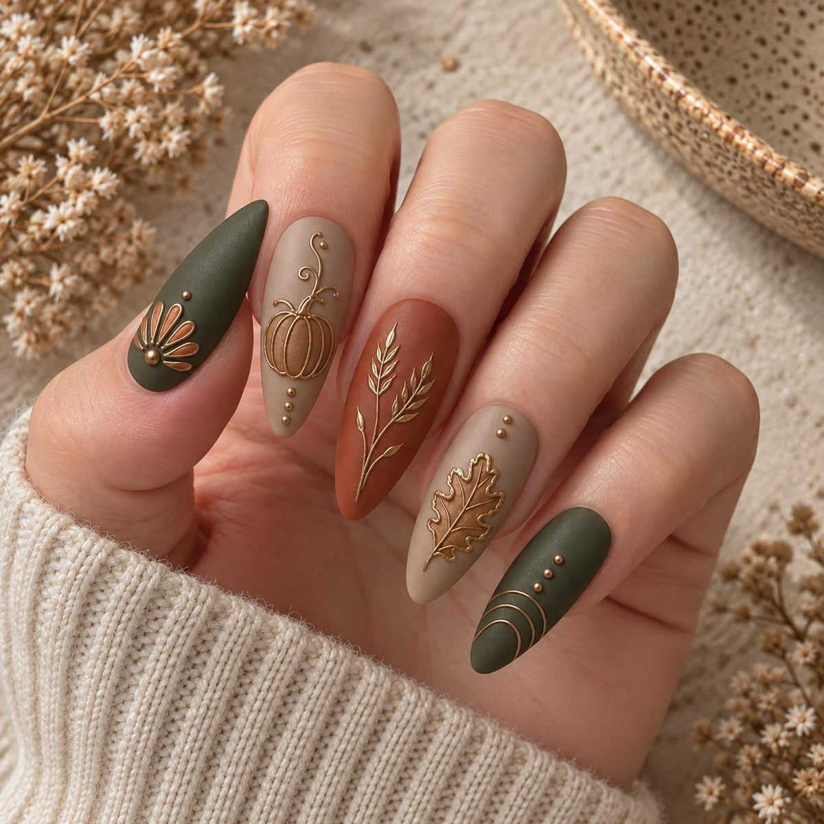 Matte Autumn Press On Nails With Gold Pumpkin and Botanical Line Art