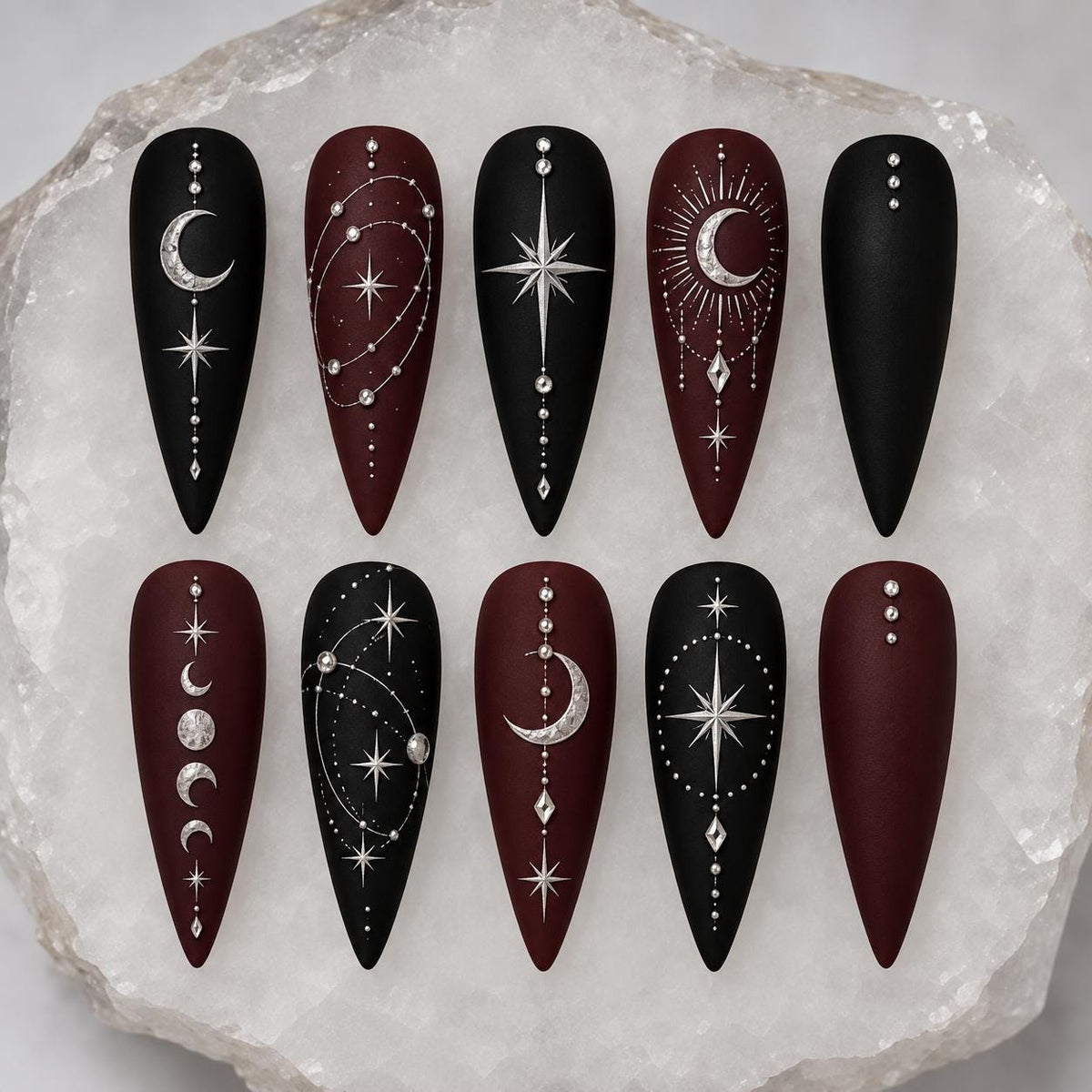 Matte Black and Burgundy Celestial Nails with Silver Moons, Stars and Rhinestones