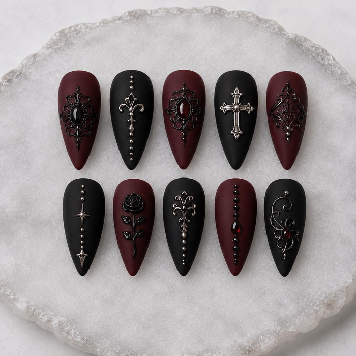 Matte Black and Burgundy Gothic Press On Nails with Silver Crosses and Rose
