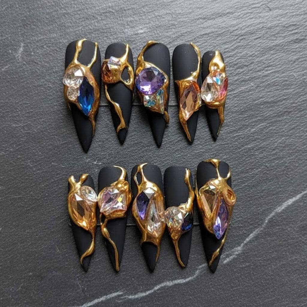 Matte Black and Gold 3D Crystal Press-On Nails
