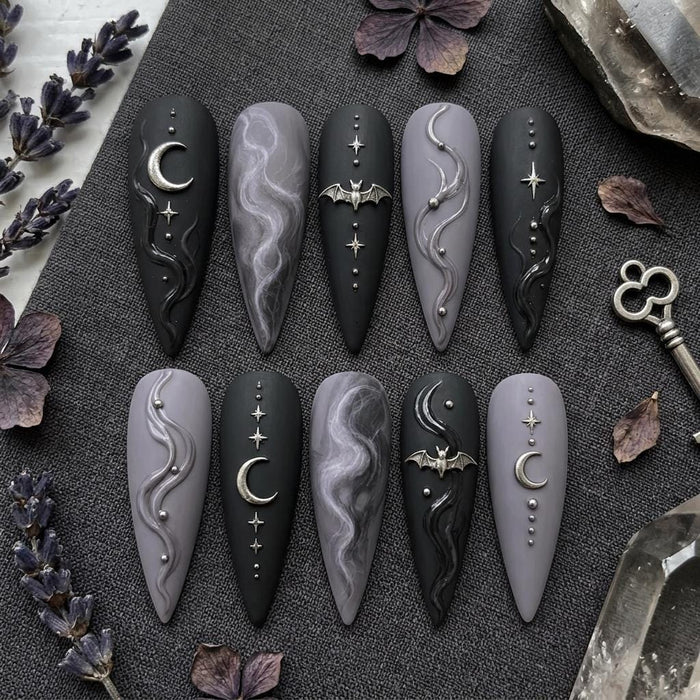 Matte Black and Smoky Gray-Lavender Gothic Celestial Press-On Nail Set