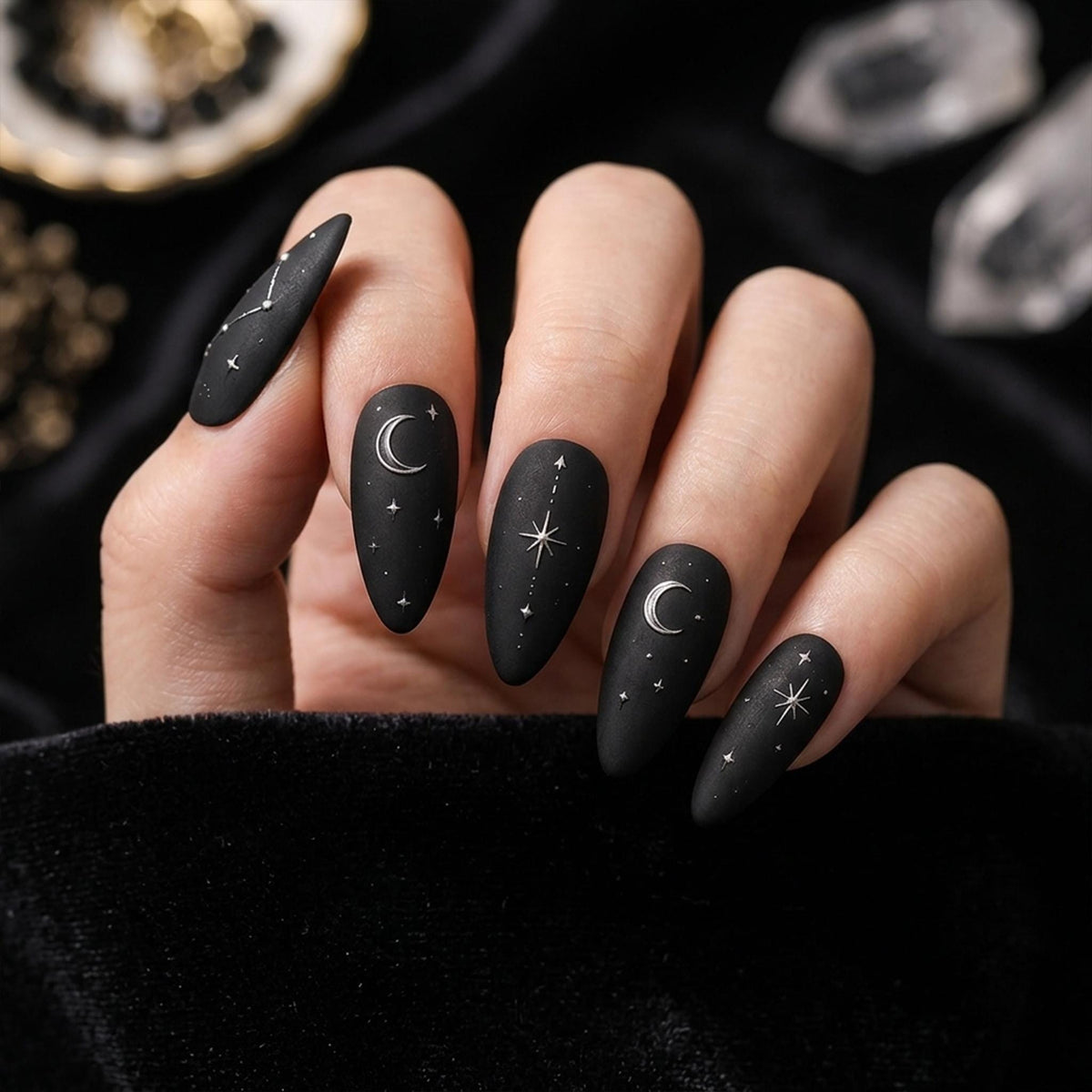 Matte Black Celestial Press-On Nails With Silver Moons, Stars, and Constellations