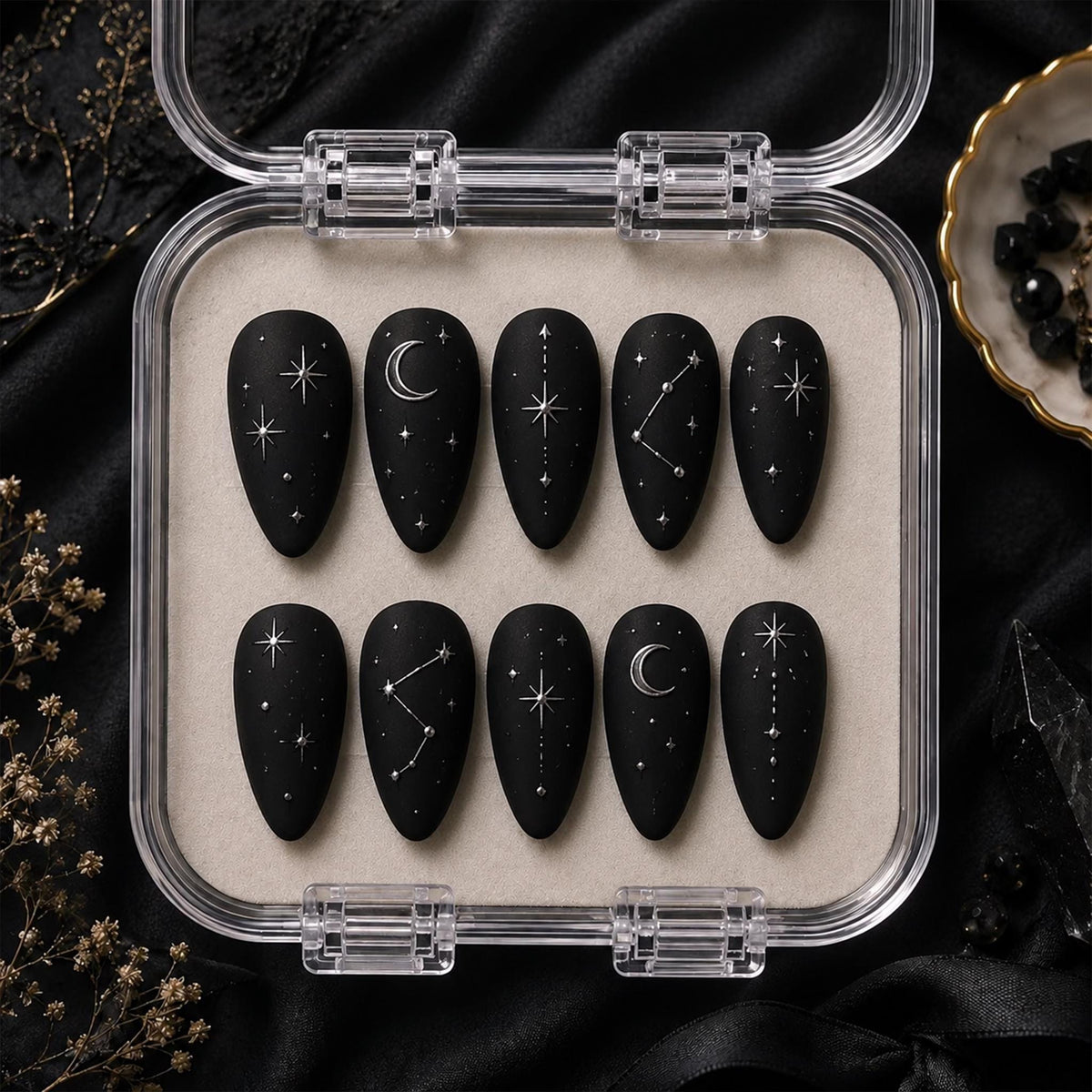 Matte Black Celestial Press-On Nails With Silver Moons, Stars, and Constellations