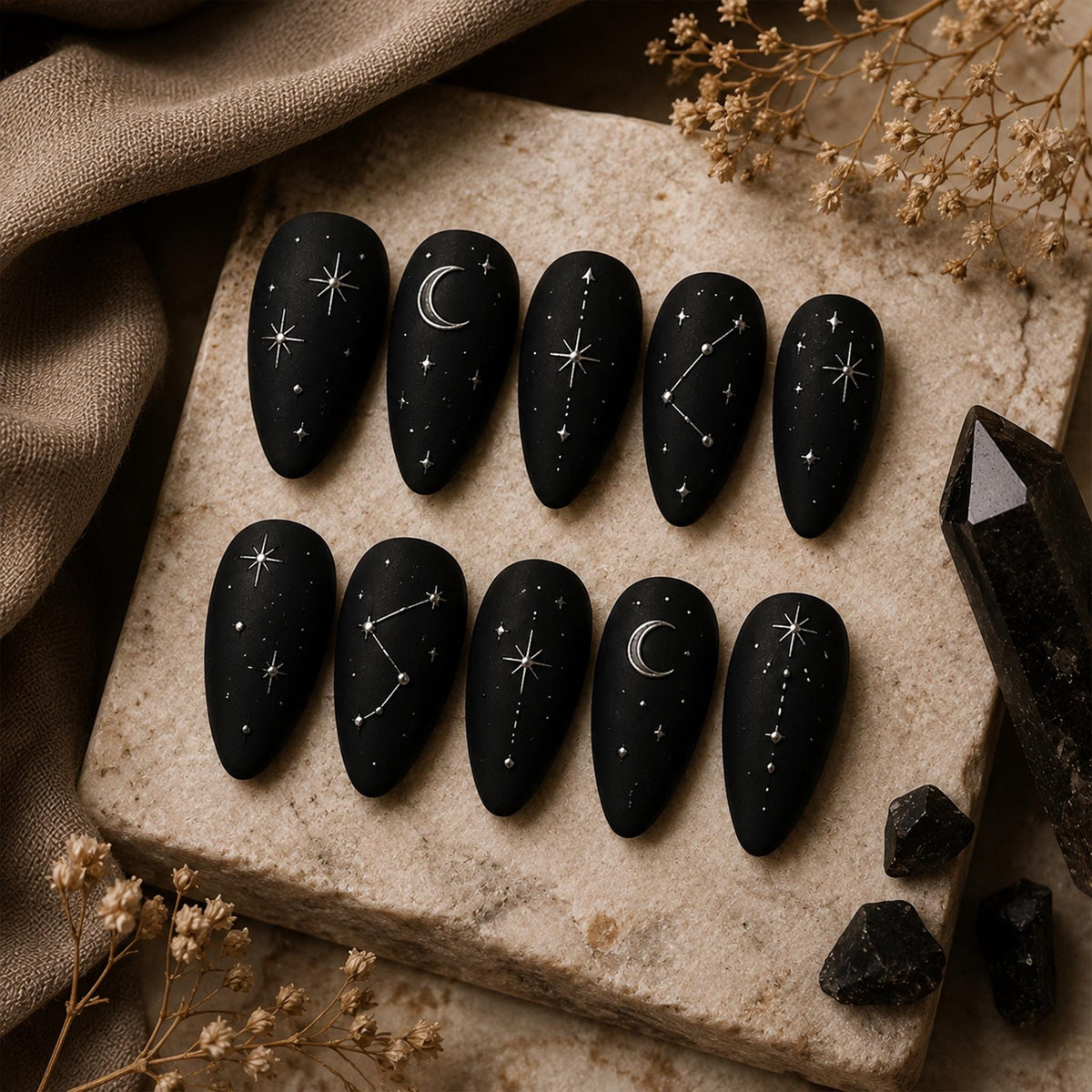 Matte Black Celestial Press-On Nails With Silver Moons, Stars, and Constellations