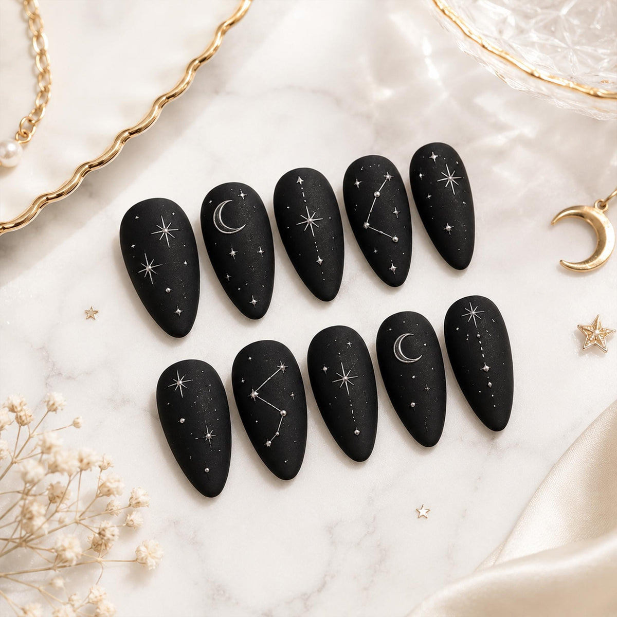 Matte Black Celestial Press-On Nails With Silver Moons, Stars, and Constellations