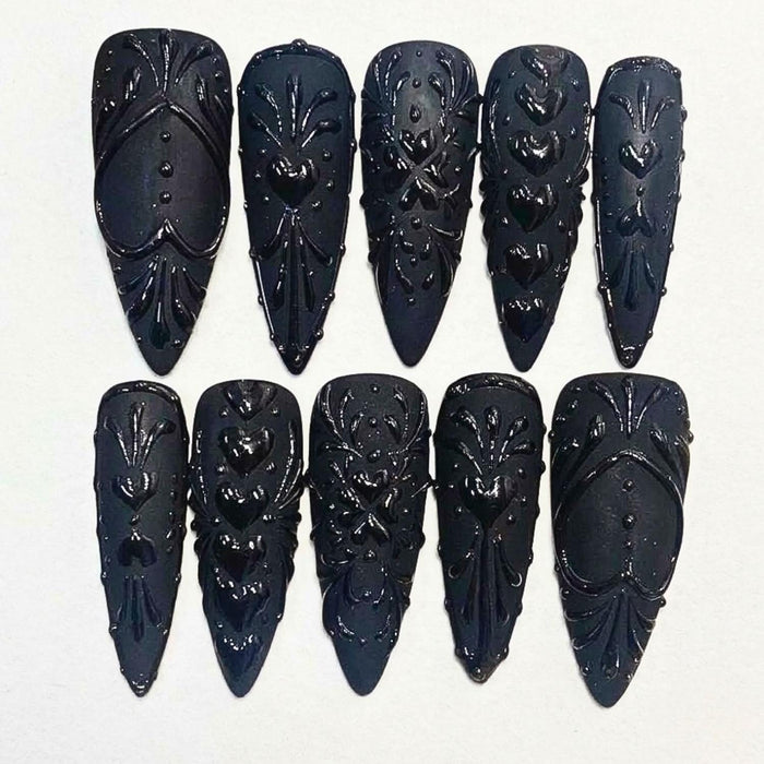 Matte Black Gothic Baroque Halloween Press-On Nails With Glossy 3D Hearts