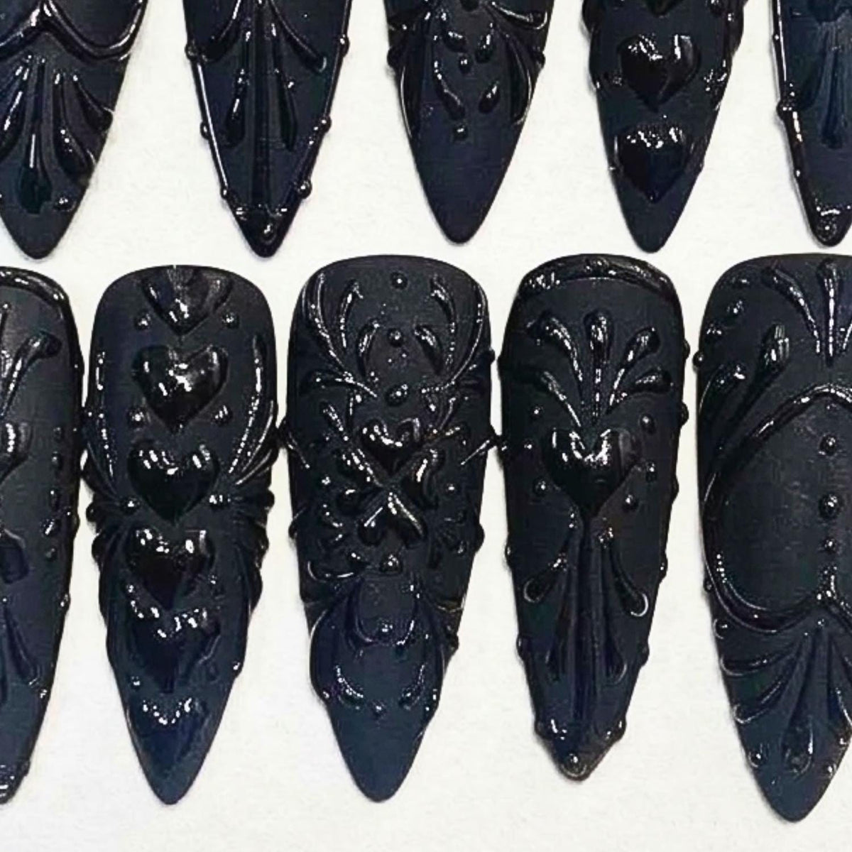 Matte Black Gothic Baroque Halloween Press-On Nails With Glossy 3D Hearts