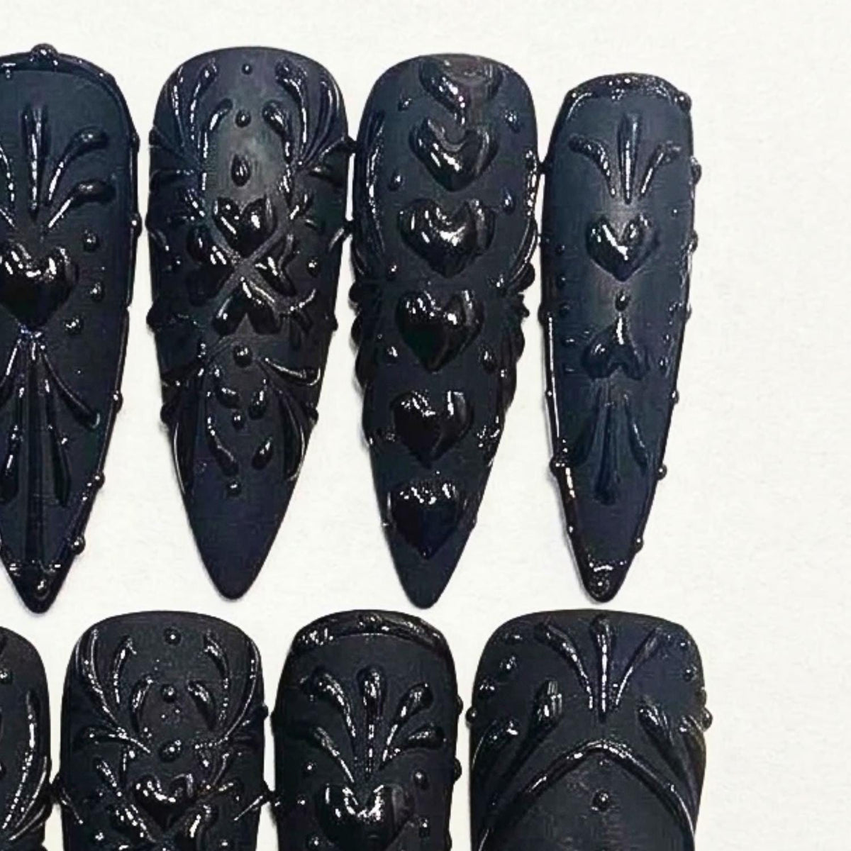 Matte Black Gothic Baroque Halloween Press-On Nails With Glossy 3D Hearts