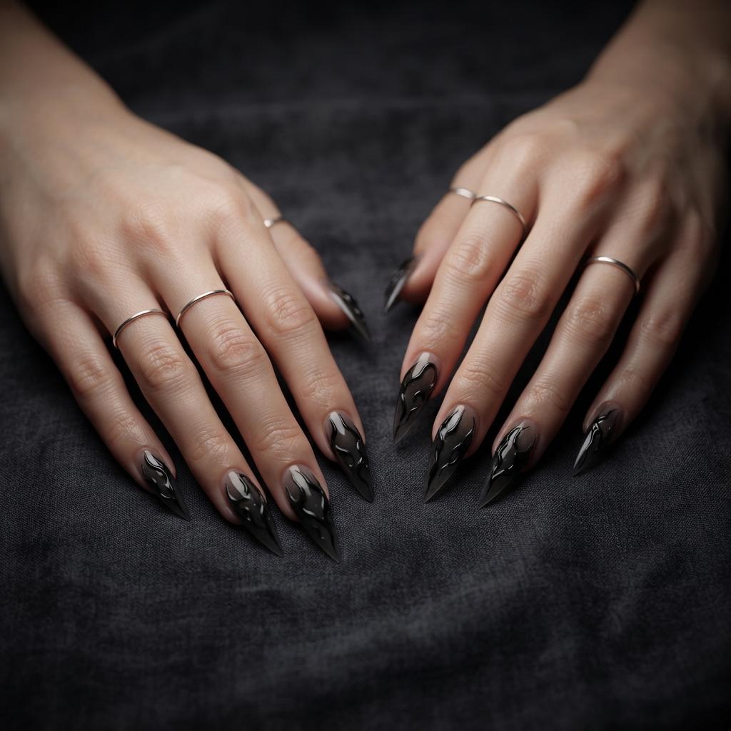 Matte Black Gothic Press On Nails With Glossy 3D Swirls
