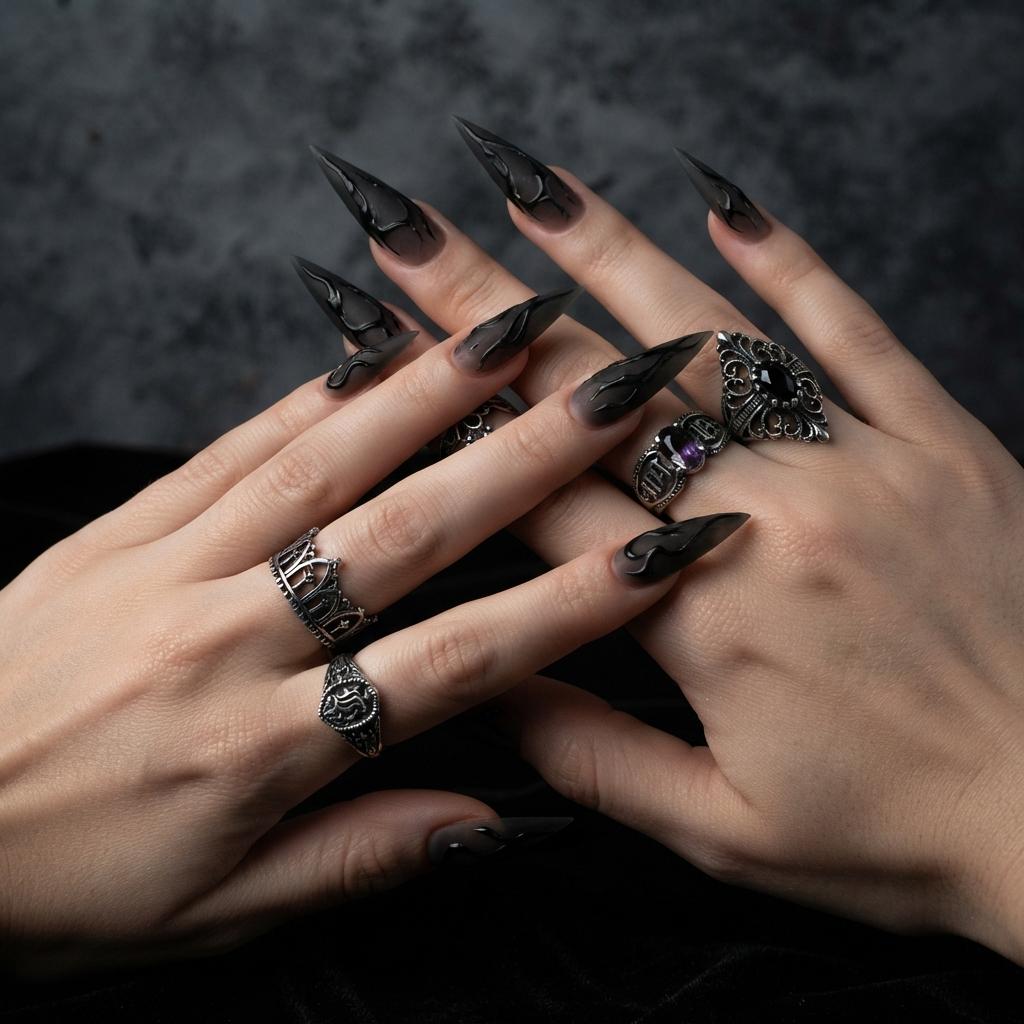 Matte Black Gothic Press On Nails With Glossy 3D Swirls
