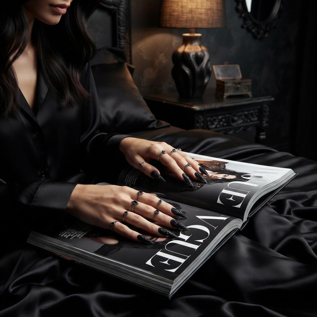 Matte Black Gothic Press On Nails With Glossy 3D Swirls