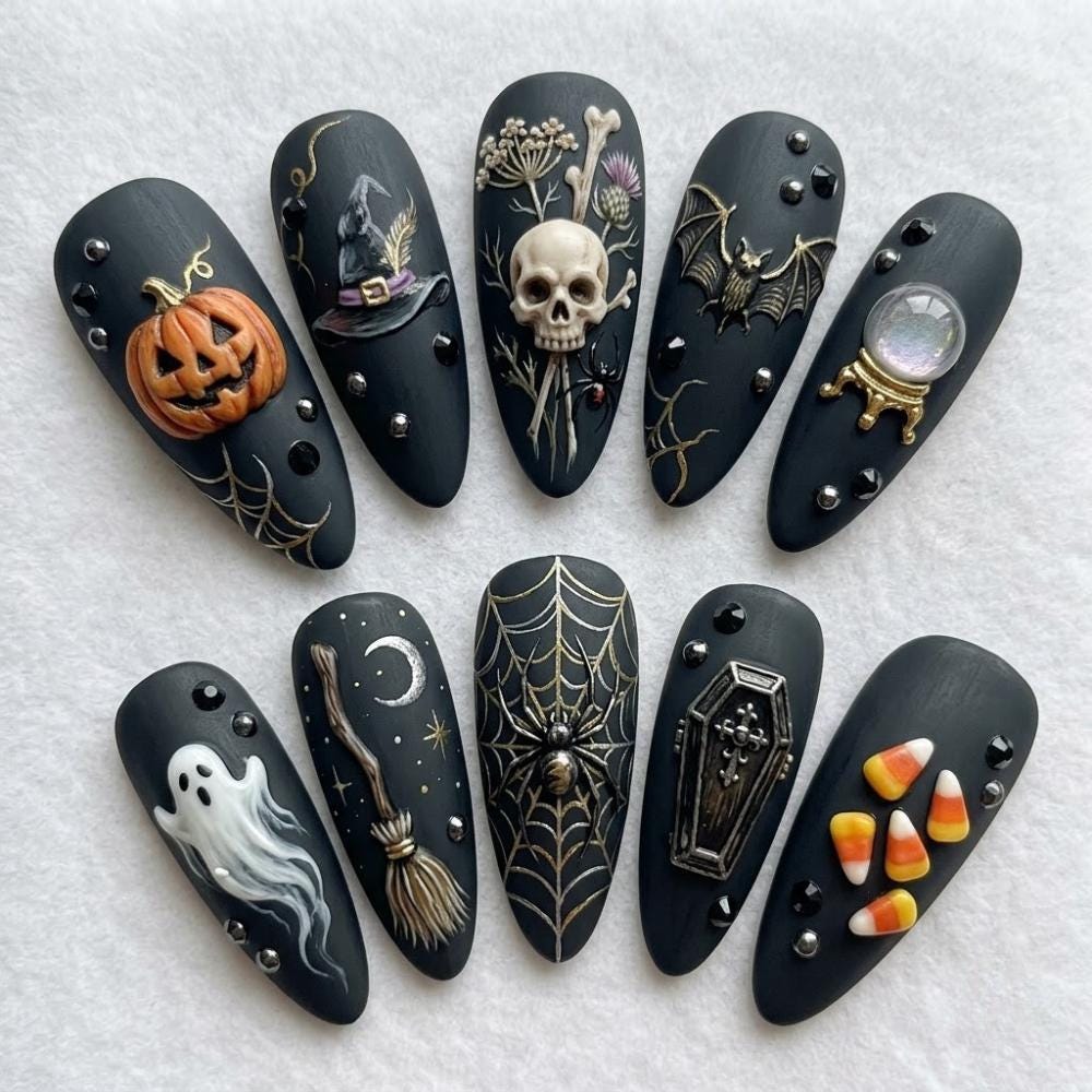 Matte Black Halloween Nail Set With 3D Pumpkin, Skull, Ghost and Witchy Details