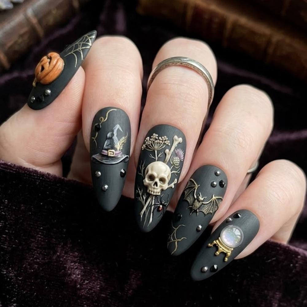 Matte Black Halloween Nail Set With 3D Pumpkin, Skull, Ghost and Witchy Details