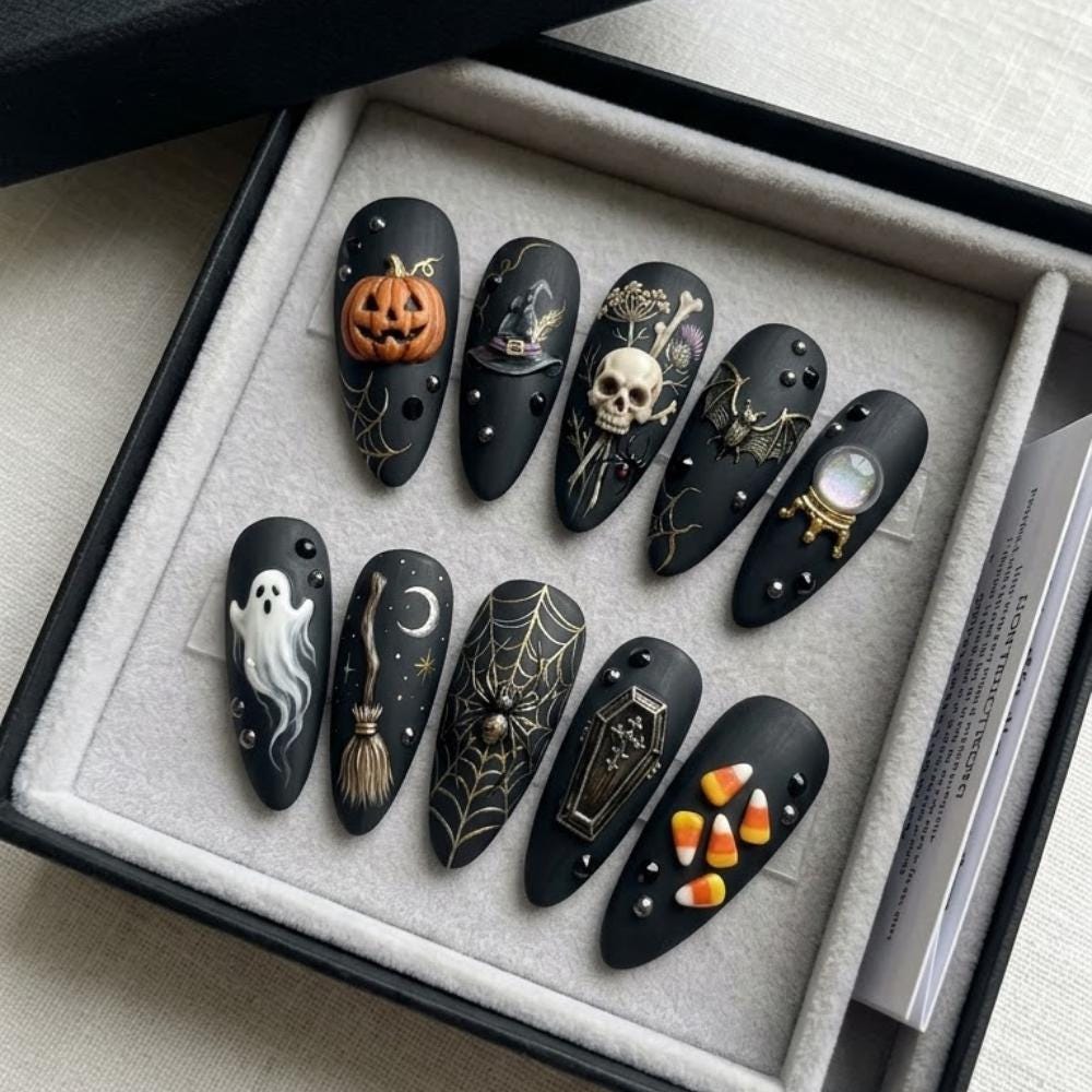 Matte Black Halloween Nail Set With 3D Pumpkin, Skull, Ghost and Witchy Details