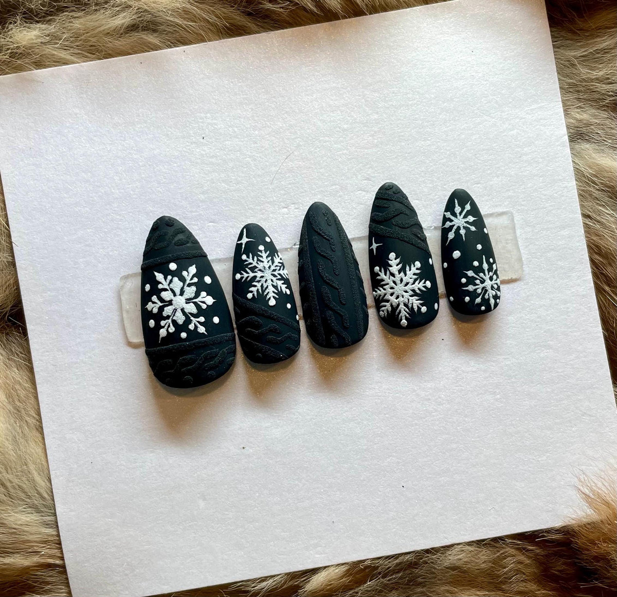 Matte Black Snowflake and Sweater Knit Holiday Press On Nails