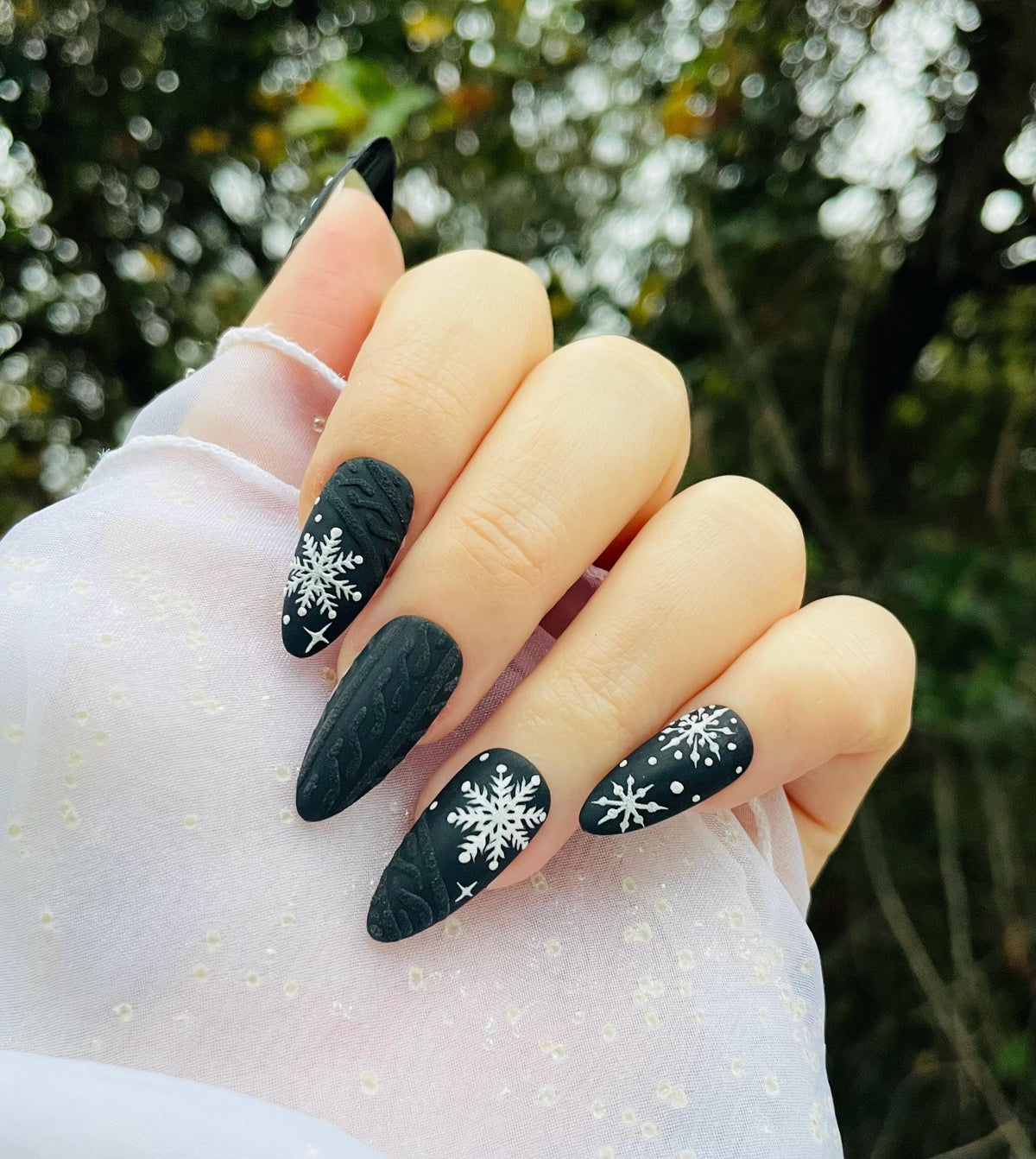 Matte Black Snowflake and Sweater Knit Holiday Press On Nails