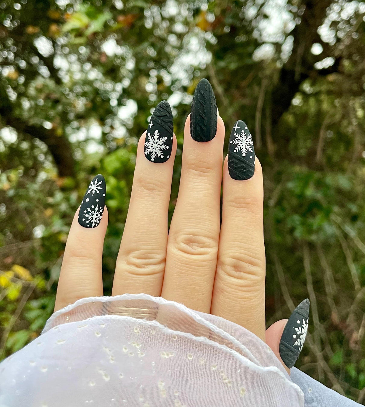 Matte Black Snowflake and Sweater Knit Holiday Press On Nails