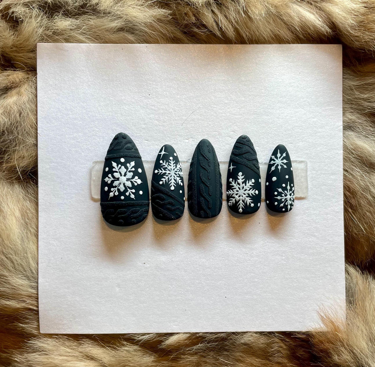 Matte Black Snowflake and Sweater Knit Holiday Press On Nails