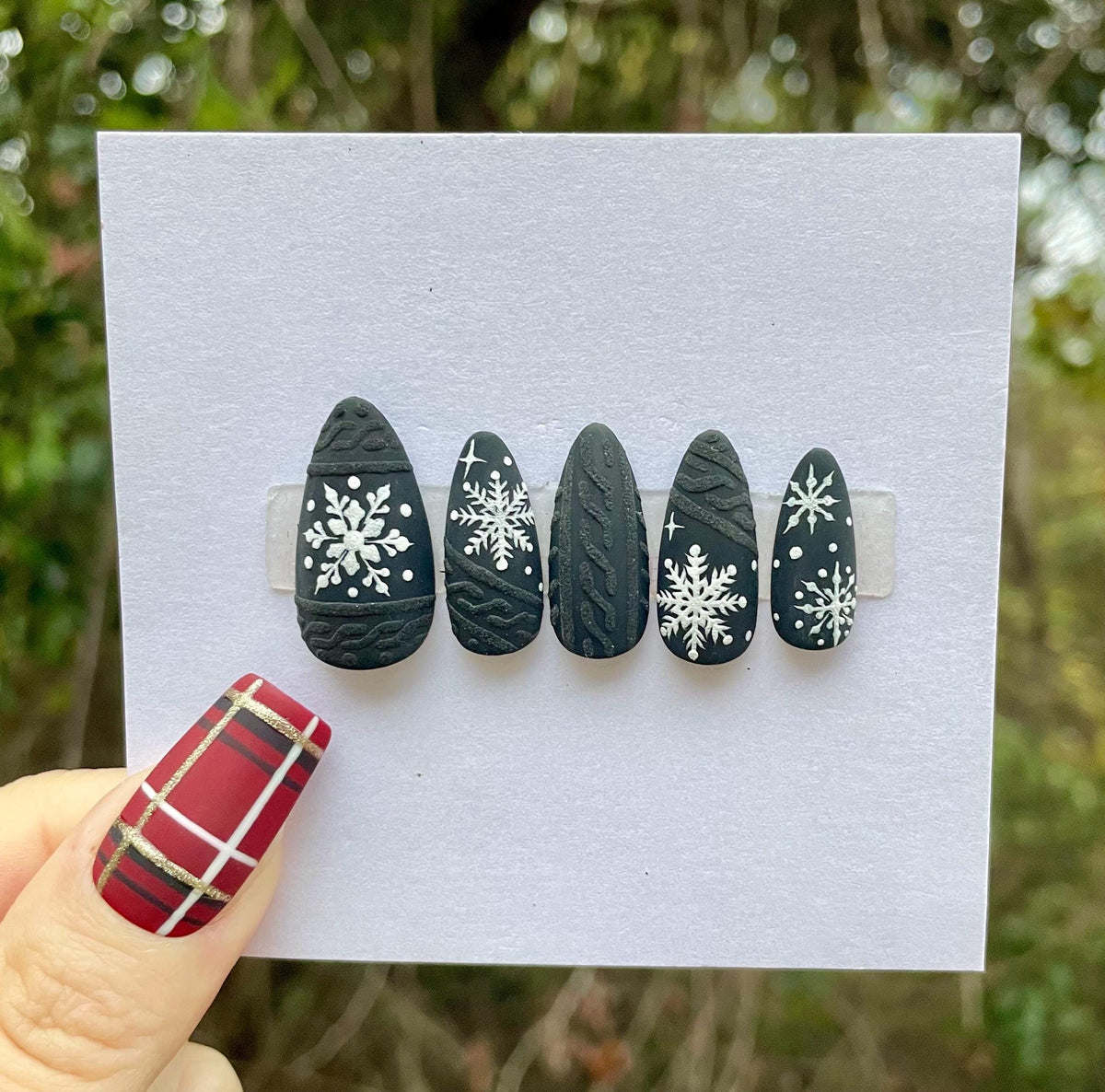 Matte Black Snowflake and Sweater Knit Holiday Press On Nails
