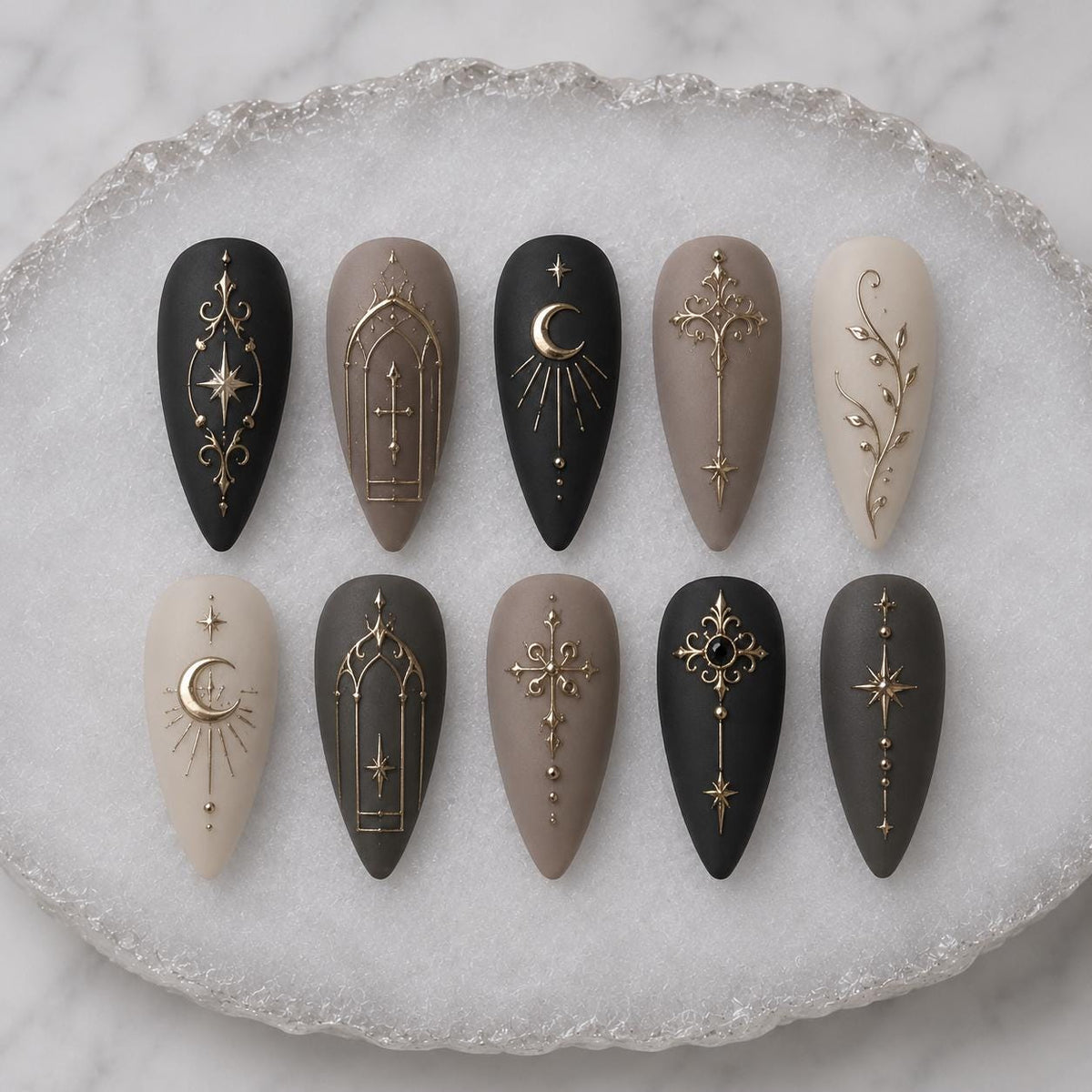 Matte Black, Taupe and Ivory Celestial Gothic Nail Set with Gold Line Art