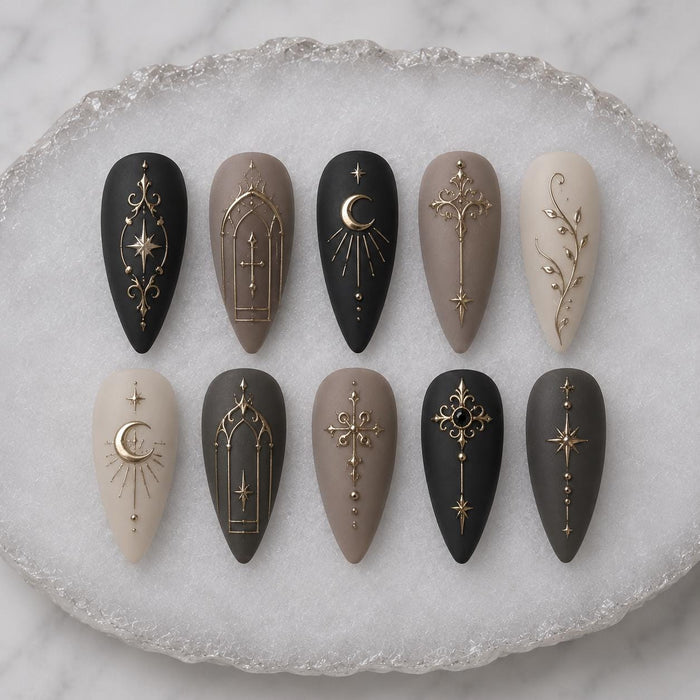 Matte Black, Taupe and Ivory Celestial Gothic Press On Nail Set with Gold Line Art