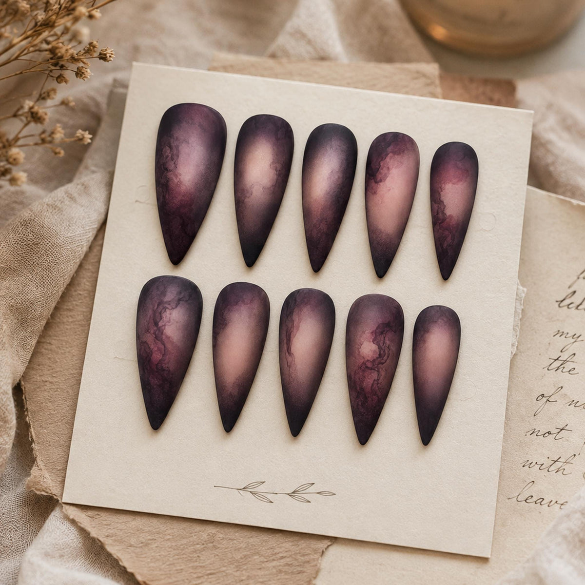 Matte Dark Plum and Black Marble Press-On Nail Set