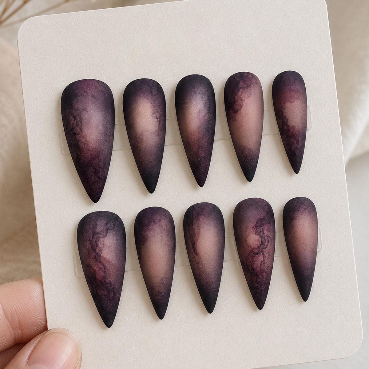 Matte Dark Plum and Black Marble Press-On Nail Set