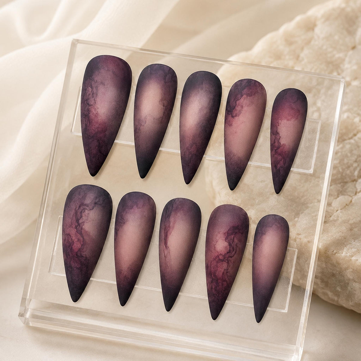Matte Dark Plum and Black Marble Press-On Nail Set