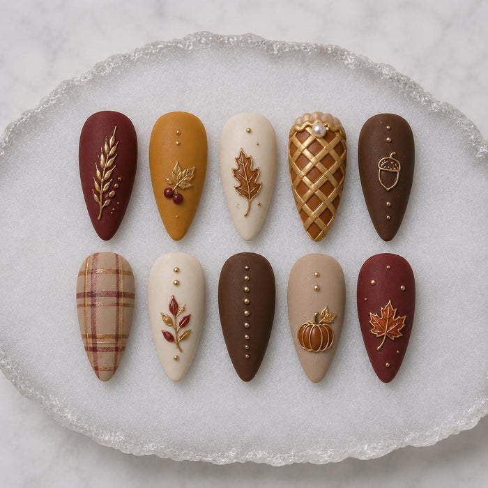 Matte Fall Harvest Thanksgiving Press-On Nails with Plaid, Pumpkin, Leaves and Gold Details