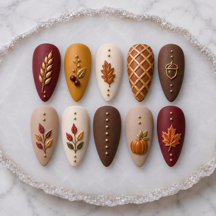 Matte Fall Plaid Press On Nails With Pumpkins, Leaves and Wheat