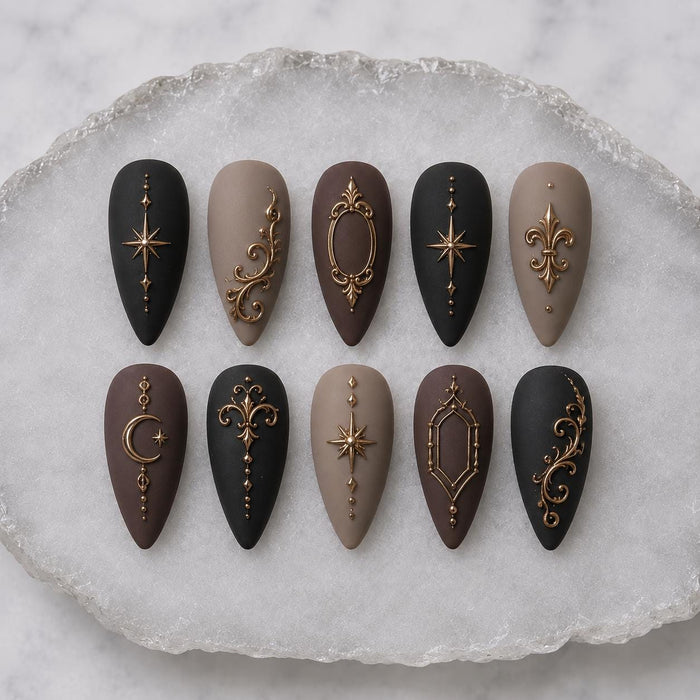 Matte Gothic Baroque Press On Nails With Antique Gold Celestial Details
