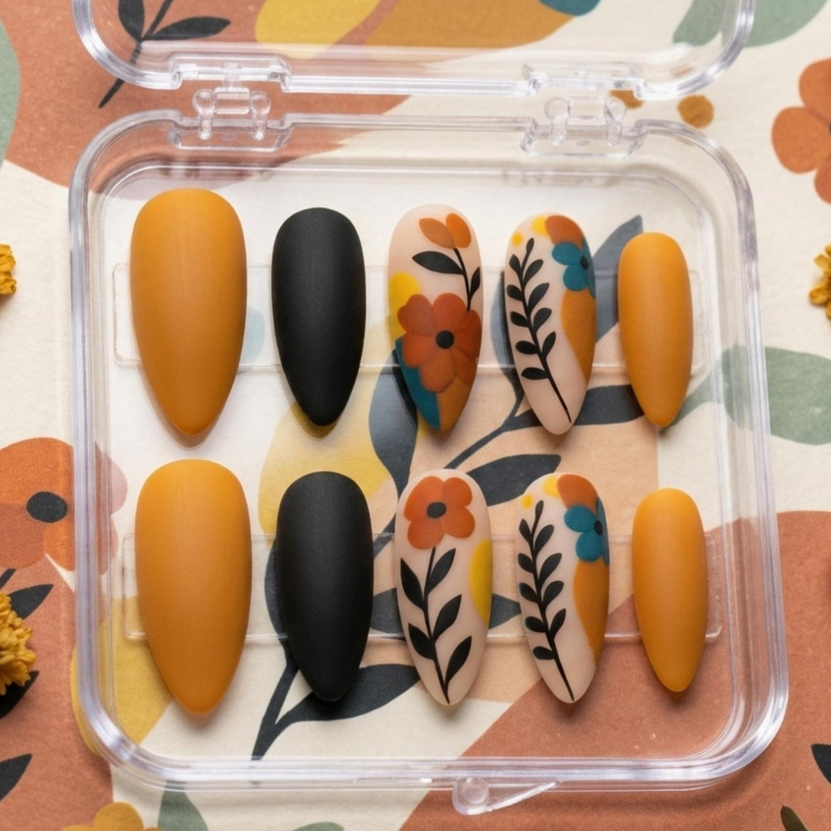 Matte Mustard Orange and Black Boho Floral Press On Nails