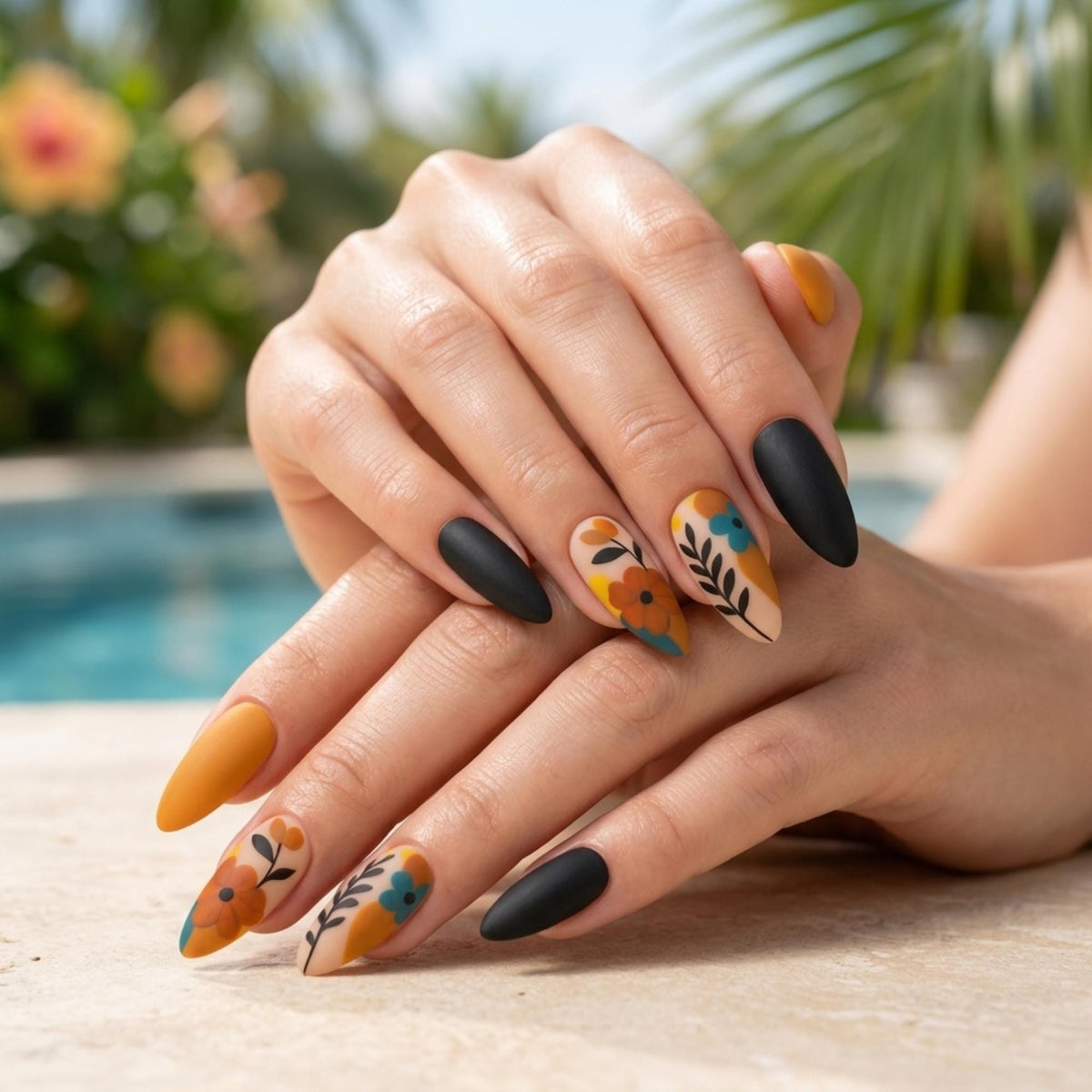 Matte Mustard Orange and Black Boho Floral Press On Nails