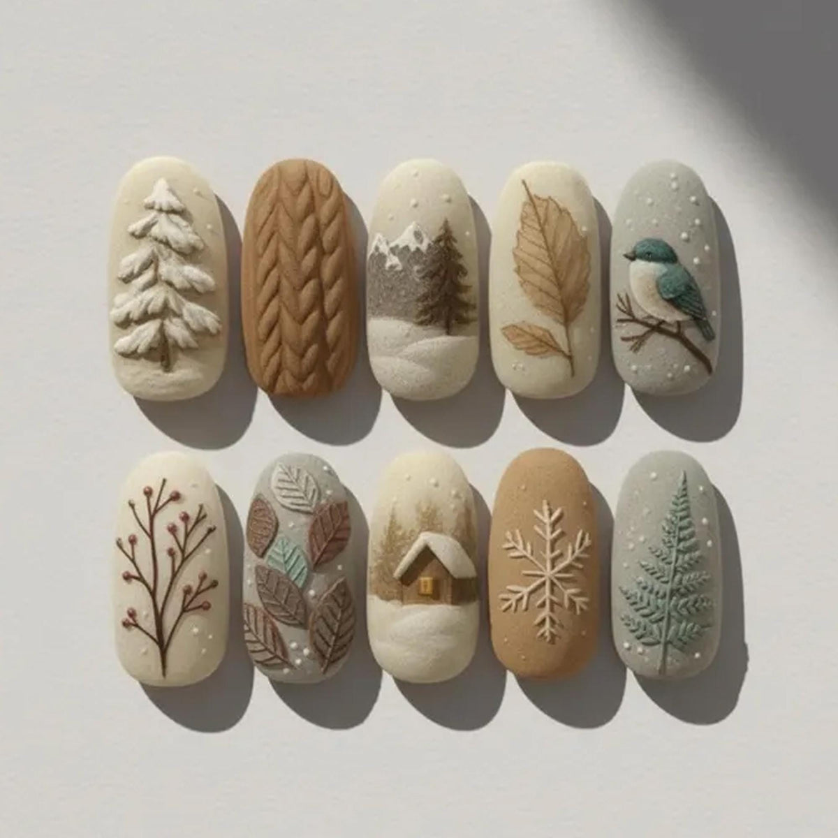 Matte Winter Woodland Nail Set With Pine Trees, Bluebird, Cabin and Cable-Knit Texture