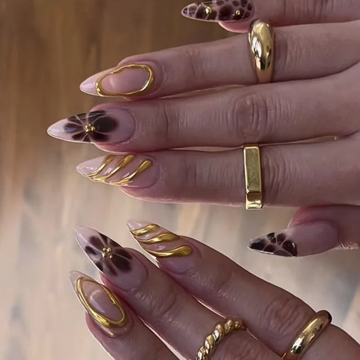 Mauve and Brown Floral Press-On Nails with Raised Gold Swirls
