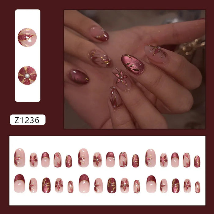 Mauve and Burgundy Floral Glitter Press-On Nails with Rose-Gold Details