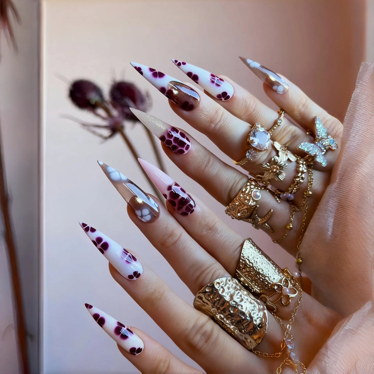 Mauve and Cream Floral Press On Nails with Plum Petal Details