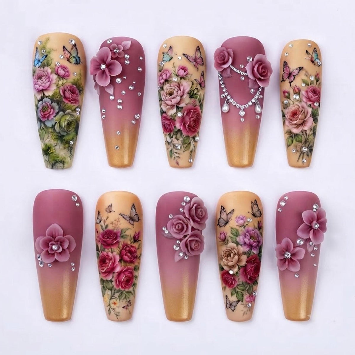 Mauve and Gold Rose Butterfly Nail Set with Pearls and Rhinestones