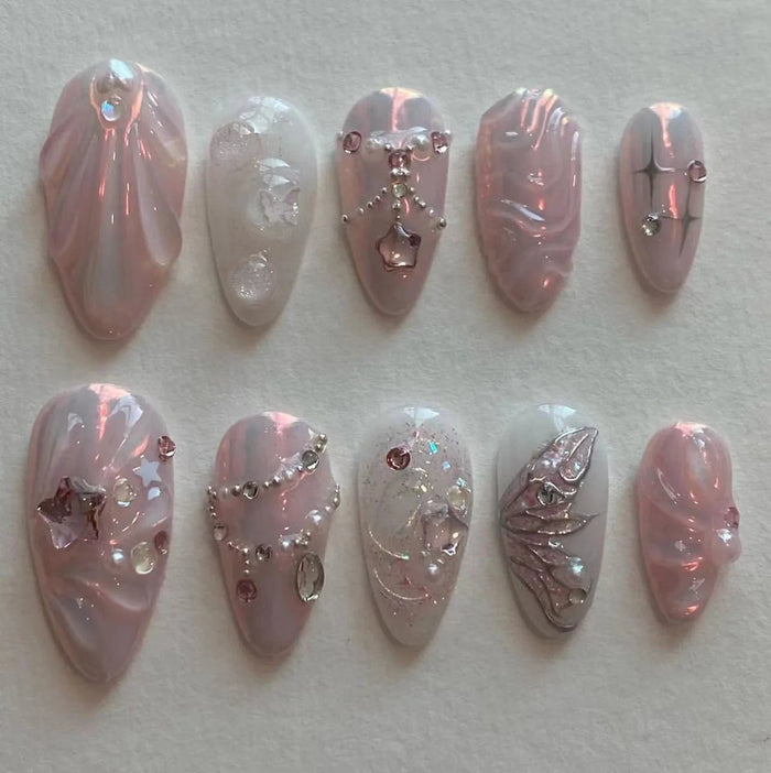 Mauve and Pearl 3D Flower Press On Nails with Rhinestones and Charms