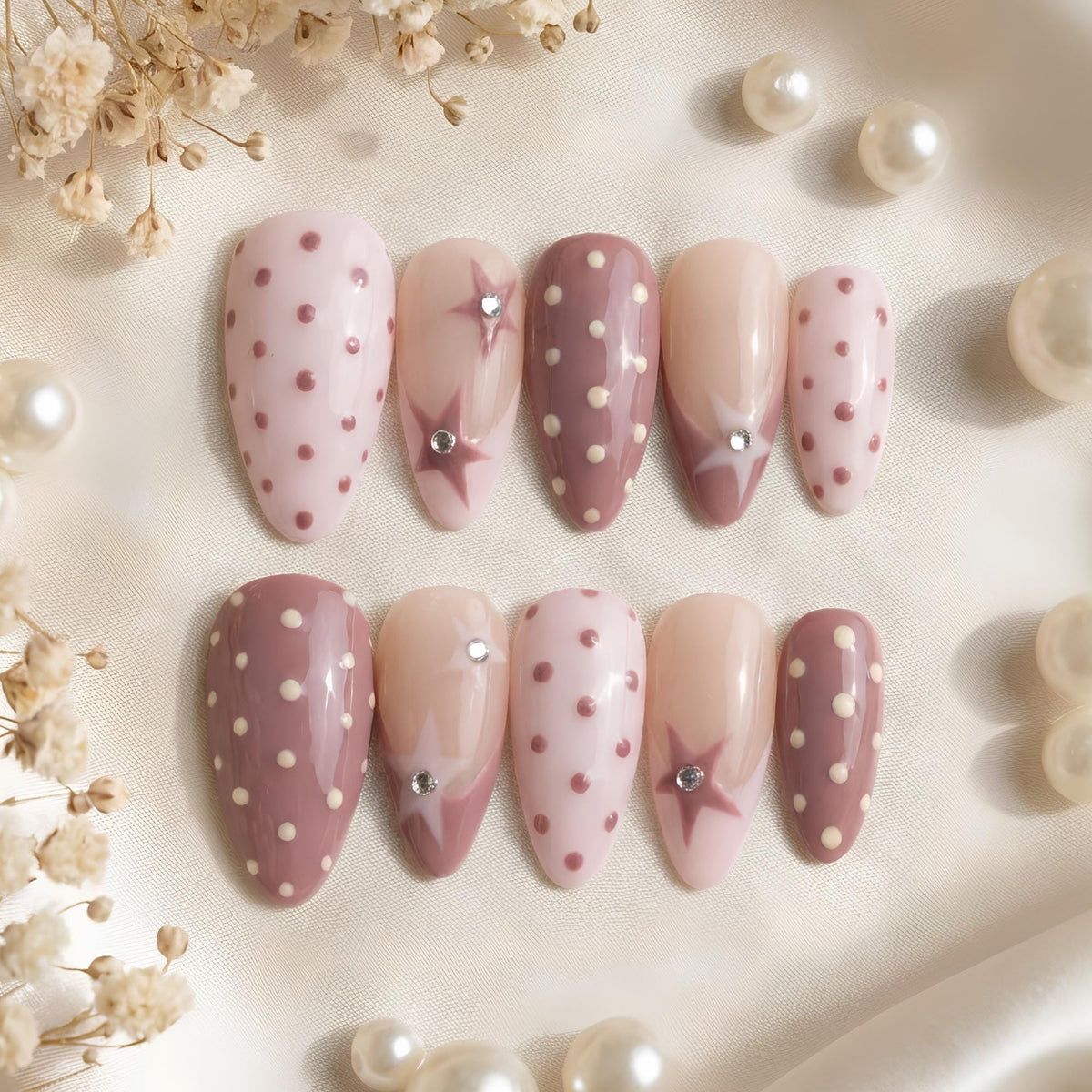 Mauve and Pink Polka Dot Star Coquette Press-On Nail Set
