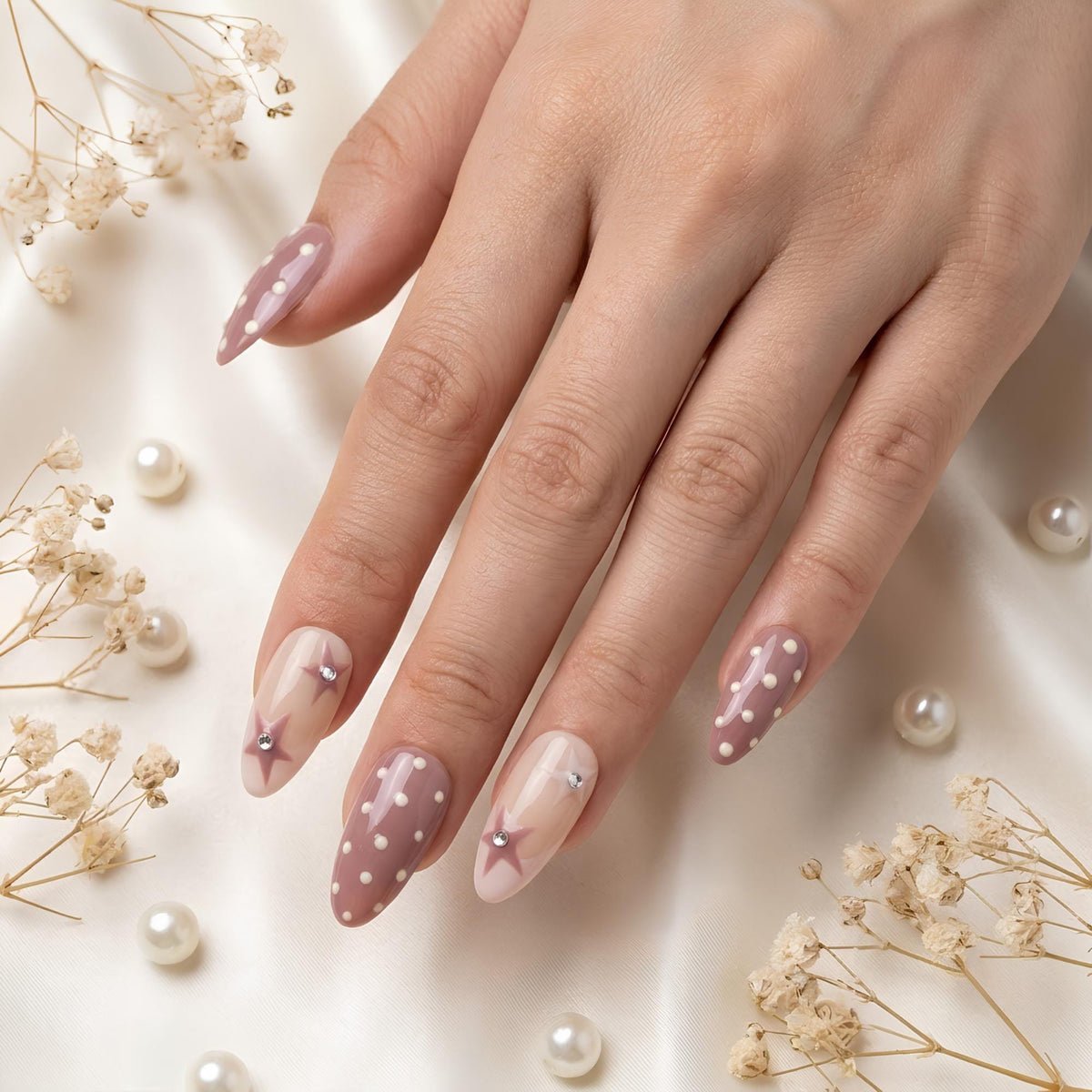Mauve and Pink Polka Dot Star Coquette Press-On Nail Set