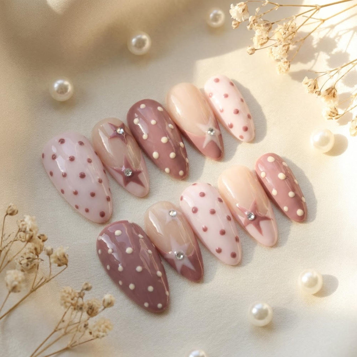 Mauve and Pink Polka Dot Star Coquette Press-On Nail Set