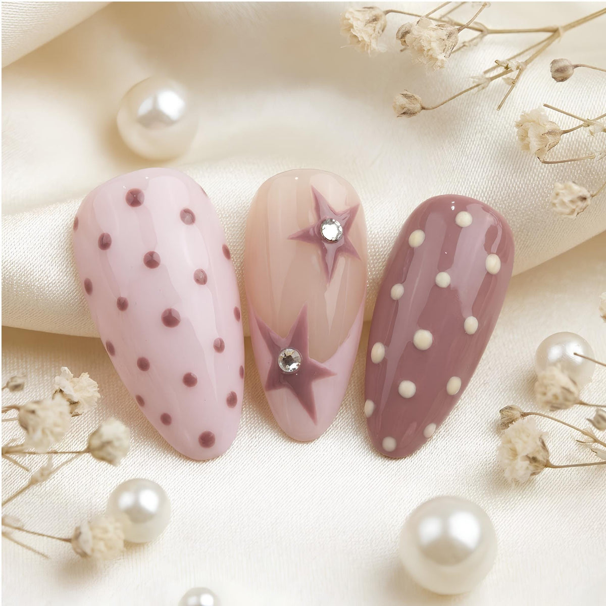 Mauve and Pink Polka Dot Star Coquette Press-On Nail Set