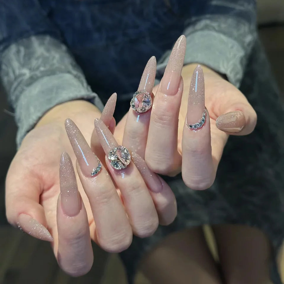 Mauve Cat Eye French Tip Nails With Rhinestone Clusters and Silver Accents