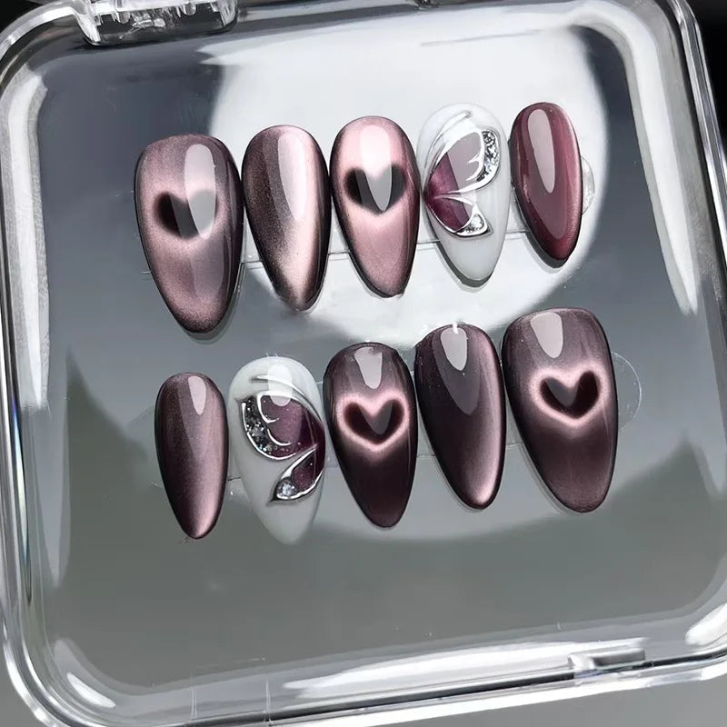 Mauve Chrome Heart Nails with Silver Accent Details
