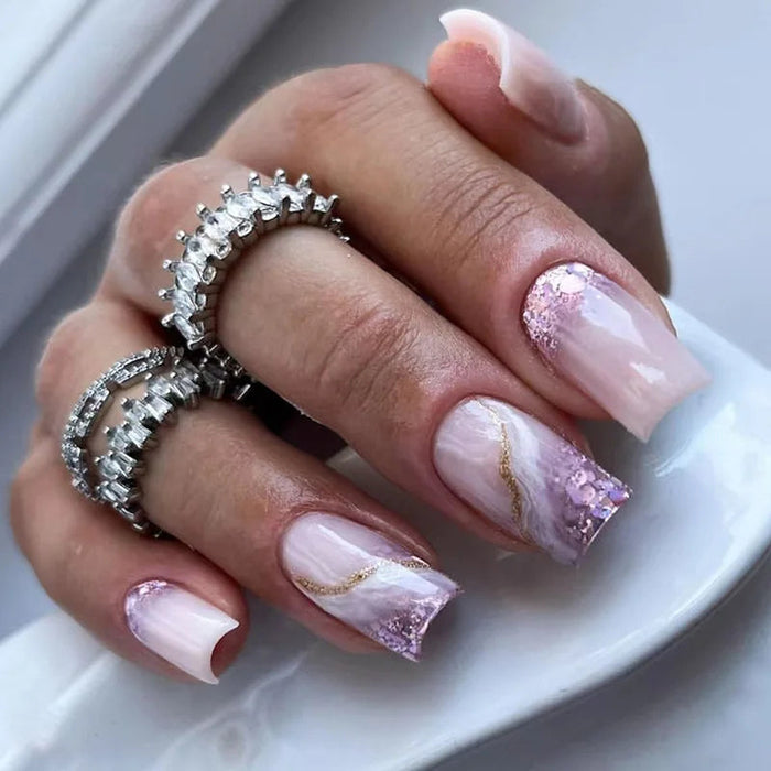Mauve Marble Press-On Nails with Lavender-Silver Glitter and Gold Veining