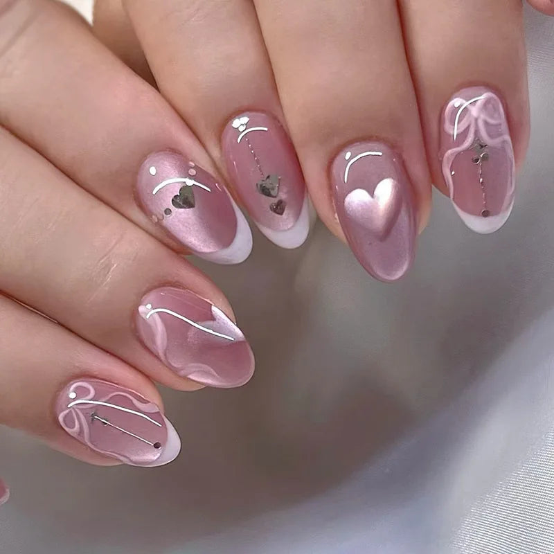 Mauve Pink Cat Eye Nails with Chrome Heart, White Bows and Curved Lines