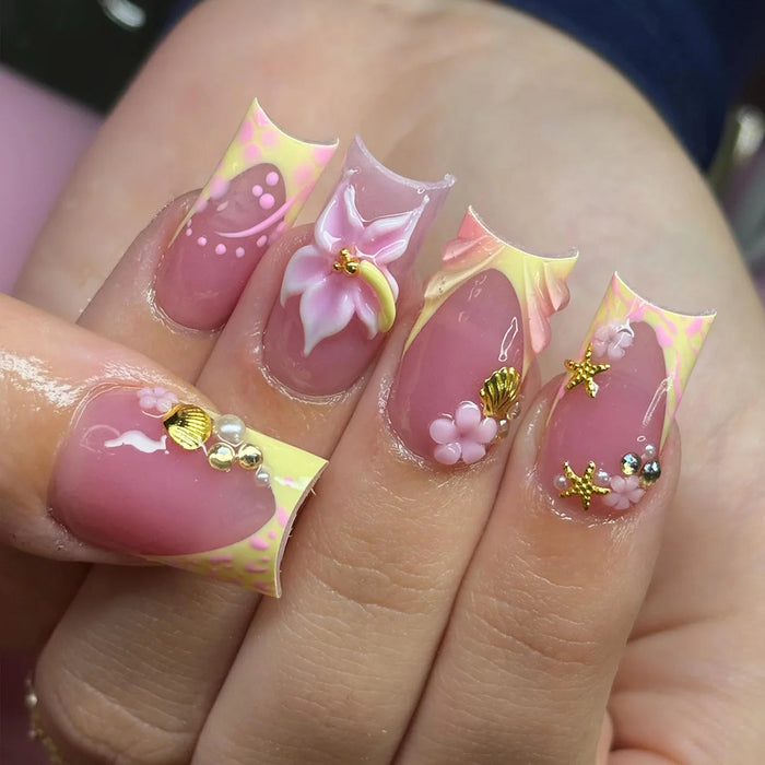Mauve Pink Floral French Tip Press On Nails With Yellow Dots, Gold Charms and Rhinestones