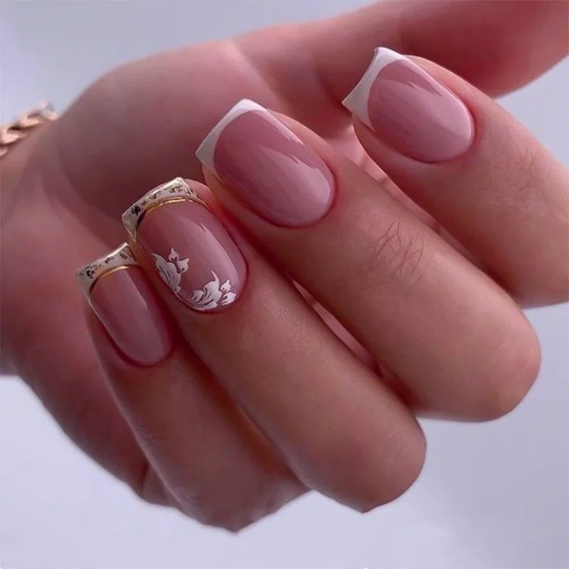 Mauve Pink Floral French Tip Press On Nails With Gold Details